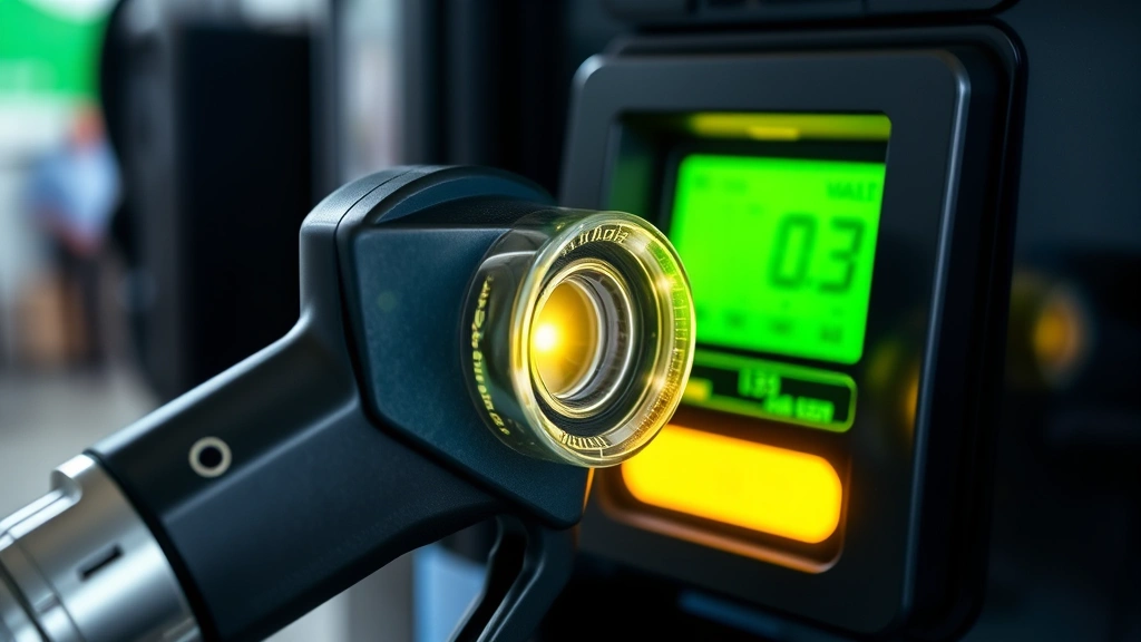 Close-up of advanced fuel pump nozzle with vapor recovery system and digital display, showing environmental technology integration at retail fuel location