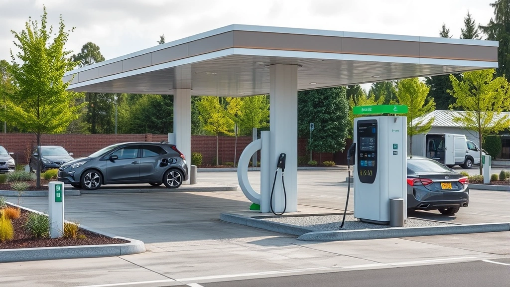 Electric vehicle charging station integrated into gas station forecourt with modern design, surrounded by green landscaping and sustainable infrastructure elements