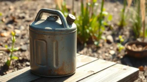 Weathered metal gas can sitting on rustic wooden surface in natural sunlight, showing patina and durability characteristics, surrounded by earth tones and natural garden setting