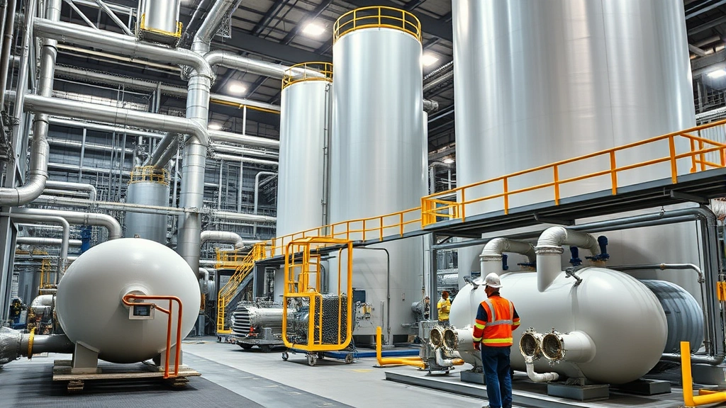 Industrial argon gas production facility with cryogenic equipment, large cylindrical tanks, and pipelines in a manufacturing plant setting. Shows the scale of gas production infrastructure with workers in safety gear monitoring operations.