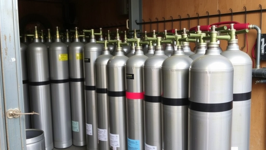 Pressurized welding gas cylinders stacked in an organized storage area of a metal fabrication shop. Multiple silver cylinders with color-coded bands visible, showing typical gas delivery and storage systems used in welding operations.