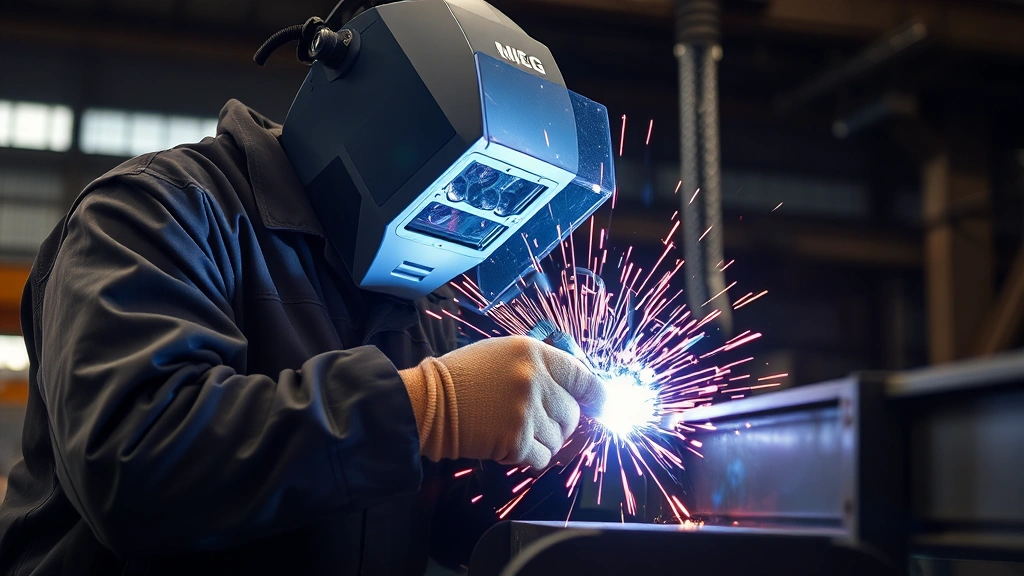 Welder in protective gear performing MIG welding on metal structural components, with bright arc visible and sparks flying. Shows active welding process with shielding gas in use, capturing the industrial application of MIG technology.