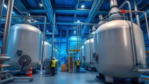 Cryogenic air separation facility with large industrial tanks and pipes, workers in safety gear performing maintenance, cool blue lighting, modern industrial setting with emphasis on refrigeration equipment and technical infrastructure