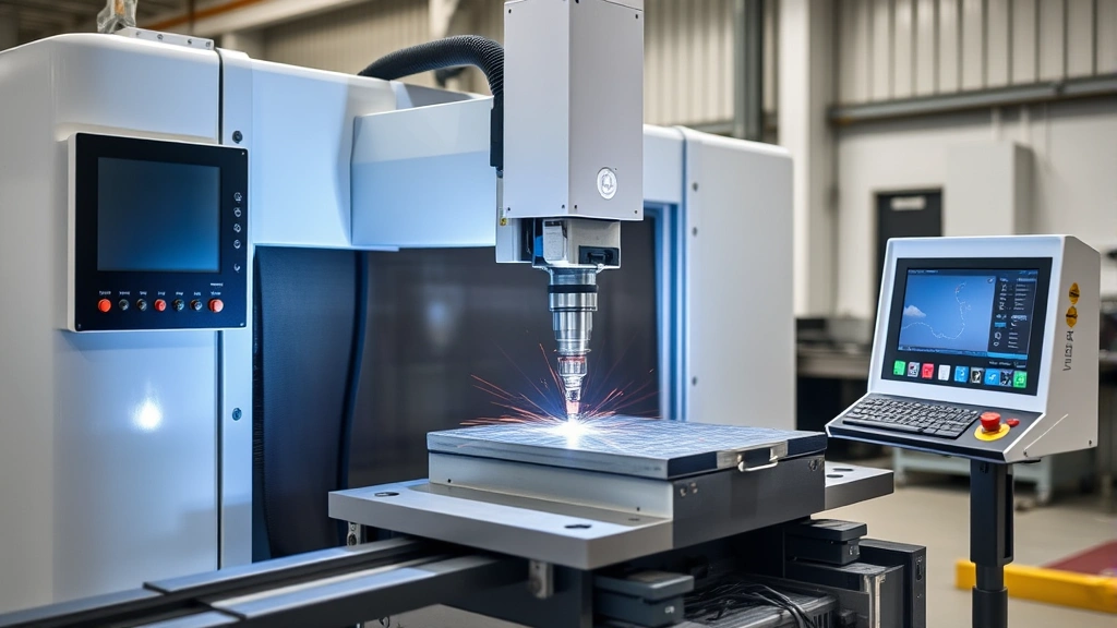 Advanced laser welding machine in operation showing precision beam on metal workpiece, modern control panel, minimalist workshop setting with emphasis on clean technology and reduced emissions, no external shielding gas visible