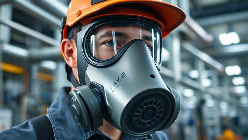 Industrial worker wearing protective gas mask in factory setting with ventilation systems visible in background, photorealistic, natural lighting, focus on mask seal and worker safety
