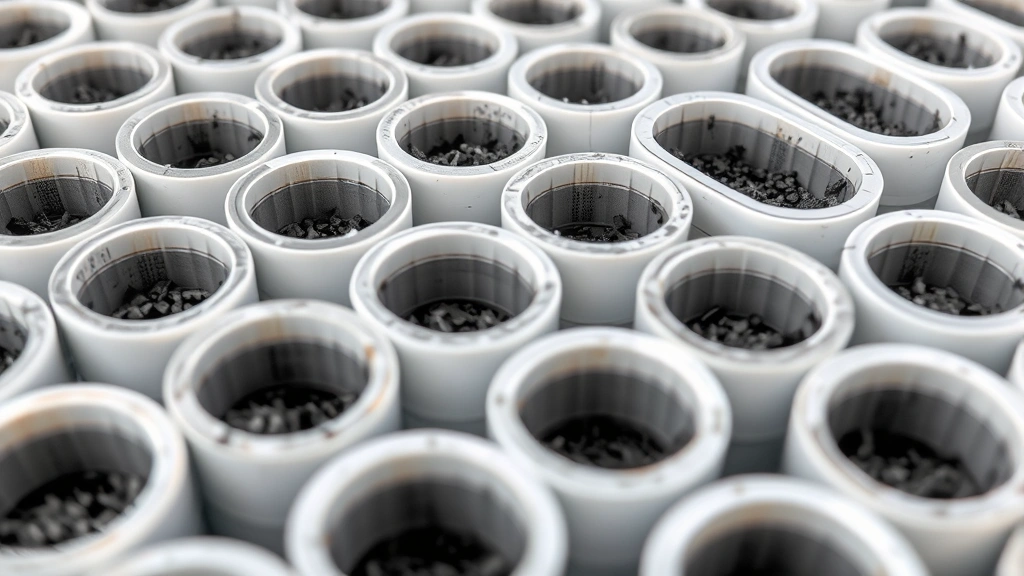 Close-up of activated carbon filter cartridges arranged in organized rows showing material composition and construction, photorealistic detail, neutral background, emphasizing filter structure