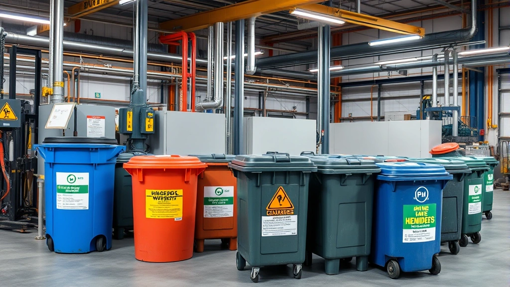 Hazardous waste management facility with proper disposal containers and environmental safety equipment, professional industrial setting, photorealistic, showing responsible waste handling practices