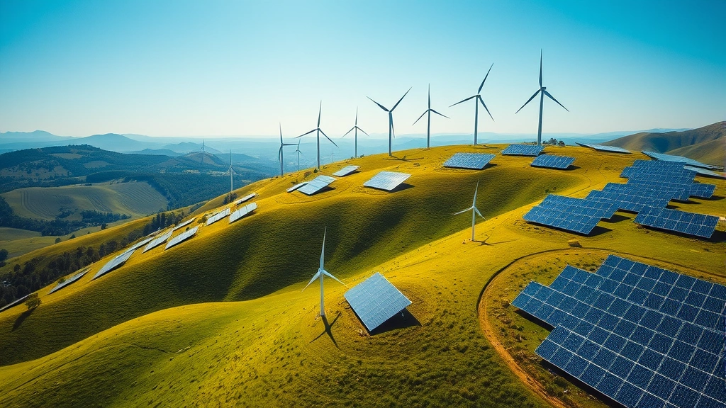 Aerial view of renewable energy landscape with solar panels and wind turbines installed on rolling green hills under bright blue sky