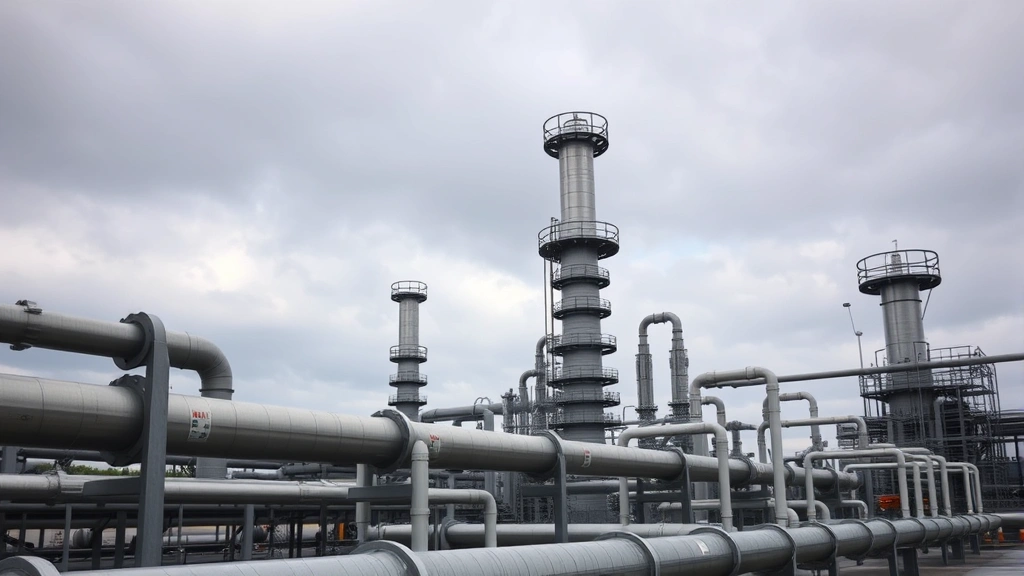 Industrial natural gas processing facility with metal pipelines and equipment against cloudy sky showing scale of infrastructure