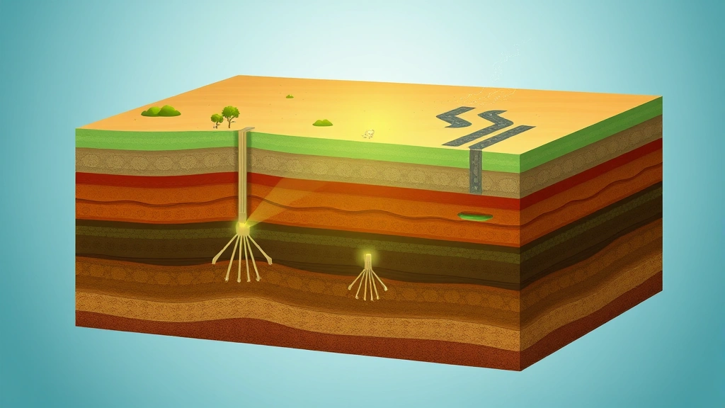 Cross-section illustration of underground layers showing methane gas deposits and extraction wells with geological formations
