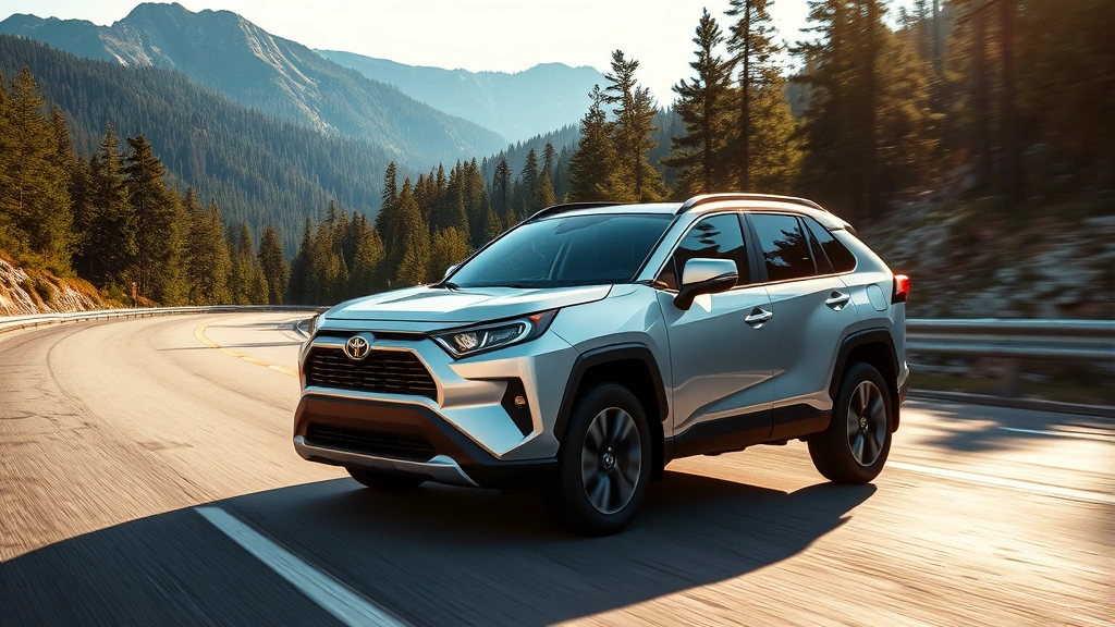 Modern silver Toyota RAV4 Hybrid SUV driving on a scenic mountain highway with evergreen forests in background, sunlight reflecting off the road, peaceful natural landscape