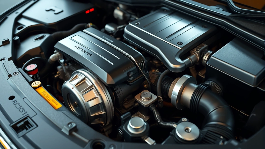 Close-up detail of a hybrid SUV's efficient turbocharged engine with modern technology components visible, clean engine bay with professional lighting highlighting engineering