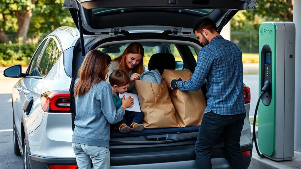 Family loading cargo into the trunk of a compact SUV at a charging station or rest area, showing practical utility and modern sustainable vehicle technology in everyday use