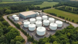 Aerial view of a modern propane distribution facility with storage tanks surrounded by green landscape and trees, showing infrastructure against natural background without signage or text