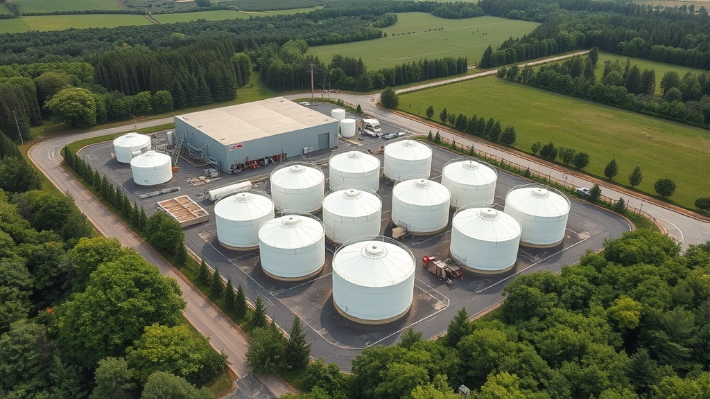 Aerial view of a modern propane distribution facility with storage tanks surrounded by green landscape and trees, showing infrastructure against natural background without signage or text