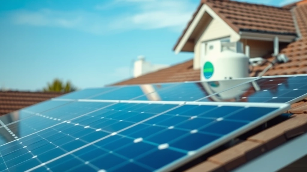 Close-up of renewable energy transition concept showing solar panels on residential roofline with propane tank visible in background, demonstrating energy alternatives in suburban setting