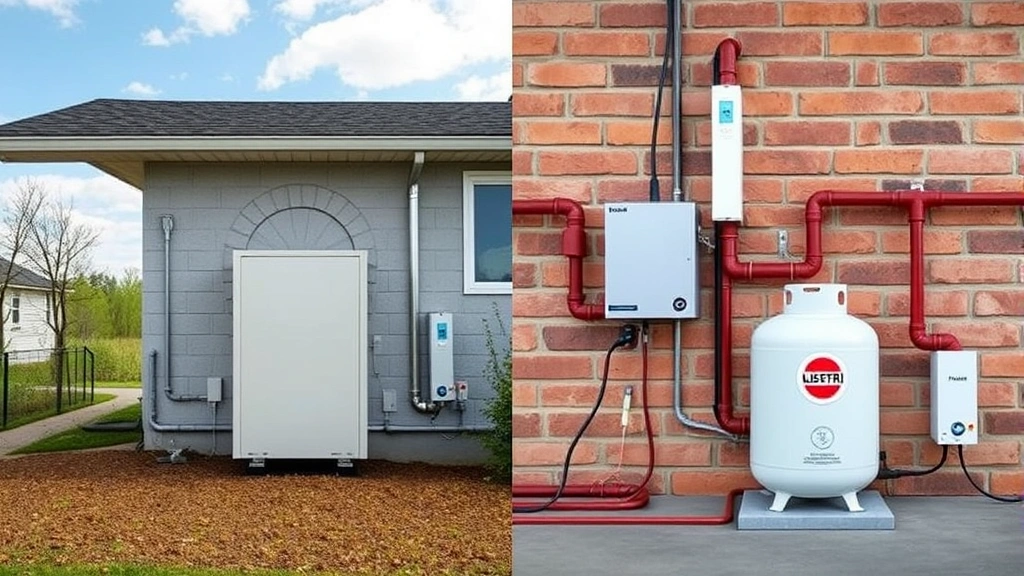 Split-screen environmental comparison showing modern electric heat pump installation on one side and traditional propane heating system on other side, illustrating technology evolution