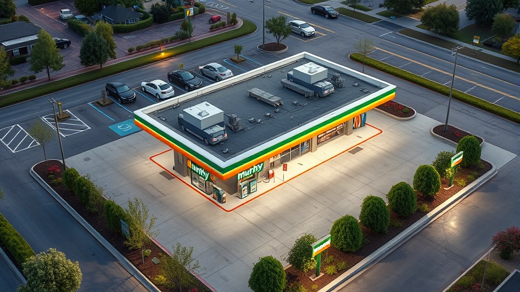 Aerial view of a modern Murphy USA fuel station with convenience store, surrounded by green landscaping and clean parking areas, daytime lighting, photorealistic