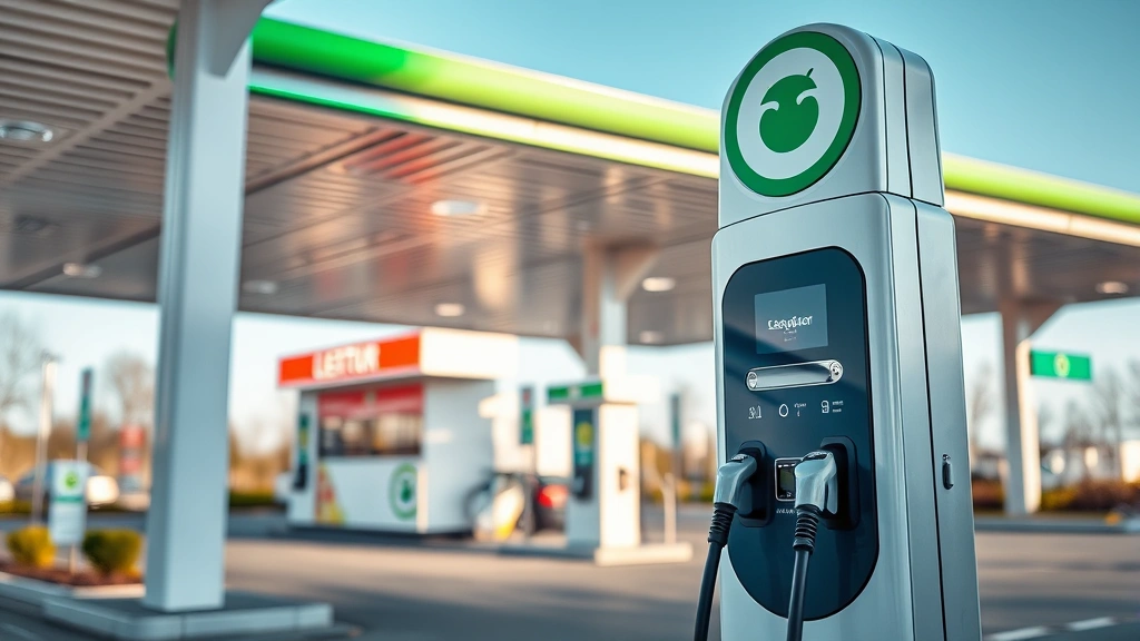 Close-up of an electric vehicle charging station at a fuel retailer, modern design with clear signage, natural lighting, sustainable infrastructure, photorealistic
