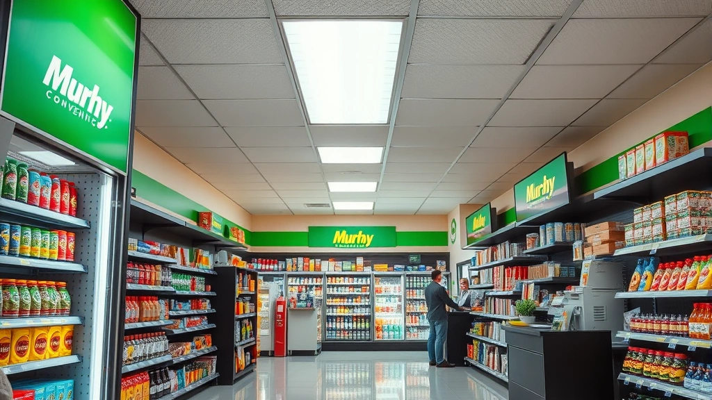 Interior view of a Murphy convenience store with organized product shelves, bright fluorescent lighting, clean floor, and customer service counter, professional retail environment, photorealistic