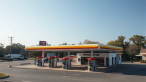 Overhead view of a busy Murphy Oil gas station during daytime with multiple pumps, clean pavement, and surrounding trees visible in background, photorealistic