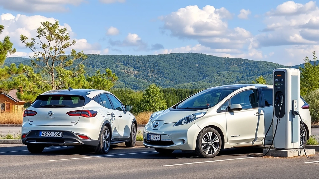 Electric vehicles charging at a public station with natural landscape background, demonstrating transportation alternatives to conventional gasoline, photorealistic environmental setting