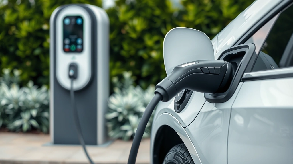 Close-up of an electric vehicle charging at a modern EV charging station with green vegetation in background, sustainable transportation technology, clean modern aesthetic