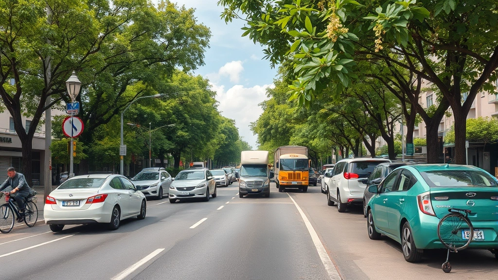 Panoramic view of a diverse transportation landscape showing electric vehicles, traditional vehicles, and bicycles on a tree-lined urban street, representing energy transition and sustainable mobility options