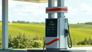 Photorealistic image of a modern gas pump at a fuel station with green landscape background, showing fuel dispenser with digital display, no text or signage visible, natural lighting