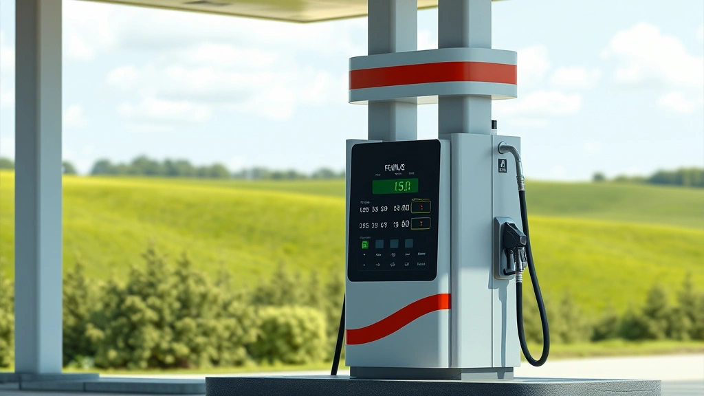 Photorealistic image of a modern gas pump at a fuel station with green landscape background, showing fuel dispenser with digital display, no text or signage visible, natural lighting