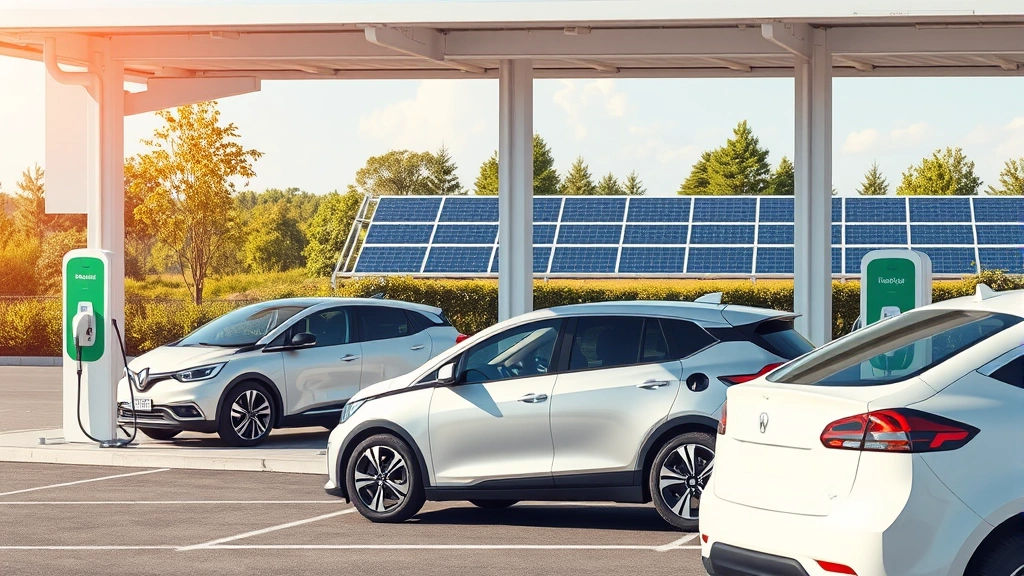 Photorealistic photograph of electric vehicles charging at a charging station with solar panels visible, modern infrastructure, sustainable transportation hub, daytime natural lighting