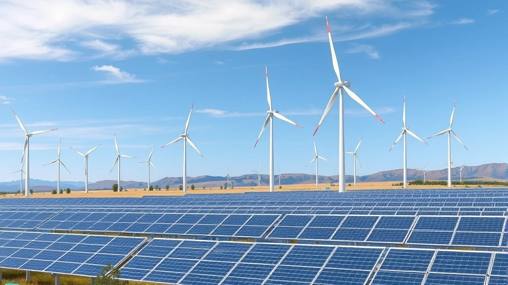 Photorealistic image of wind turbines and solar panels in a renewable energy field landscape, clean energy generation, no text or labels, wide scenic view with blue sky