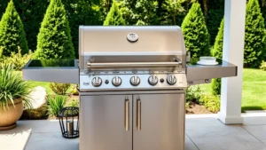 Modern stainless steel Napoleon gas grill on a spacious backyard patio, pristine condition, natural sunlight reflecting off polished metal surfaces, lush green landscaping in background, no people or text visible