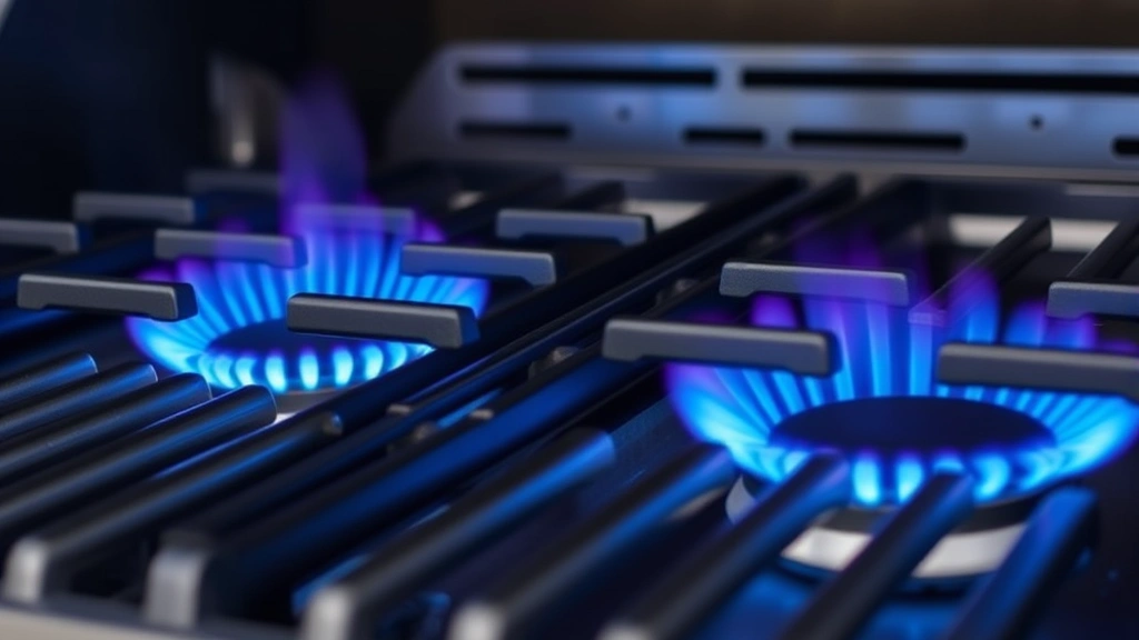 Close-up of gas grill burners glowing with blue flames during operation, showing even heat distribution across stainless steel grates, professional cooking setup, natural lighting, no labels or text