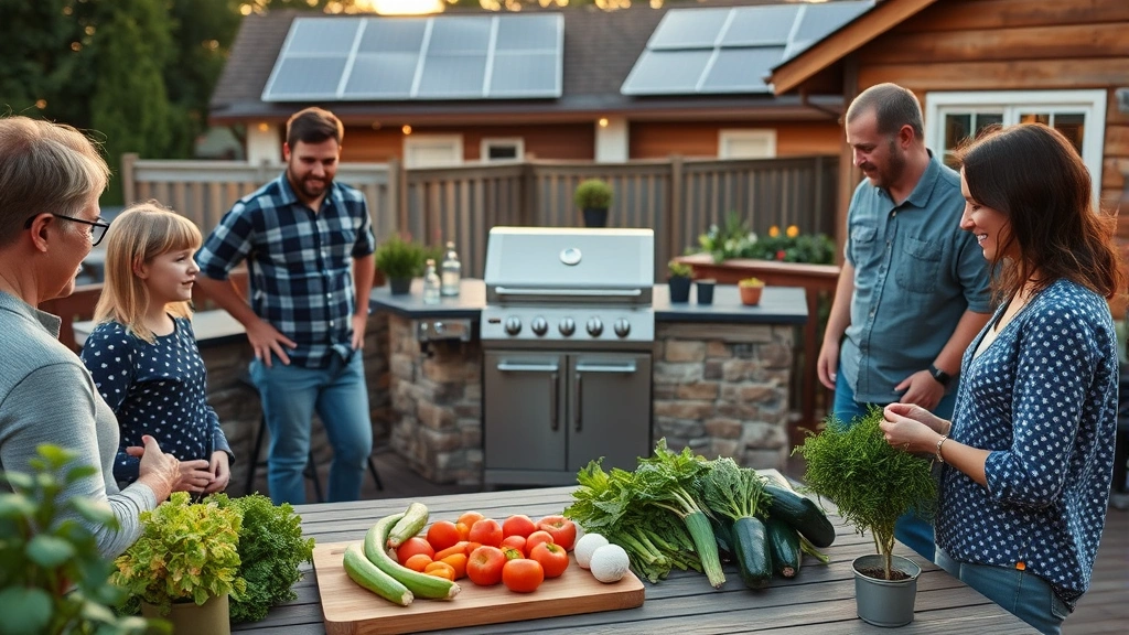 Family gathering around outdoor kitchen area featuring Napoleon grill, sustainable garden vegetables on prep table, eco-friendly wooden deck, solar panels visible on house roof, warm evening light, no people faces clearly visible