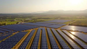 Aerial view of large solar panel farm with rows of photovoltaic panels stretching across green landscape, mountains in distant background, bright sunlight illuminating panels, showing modern renewable energy infrastructure scale and environmental integration