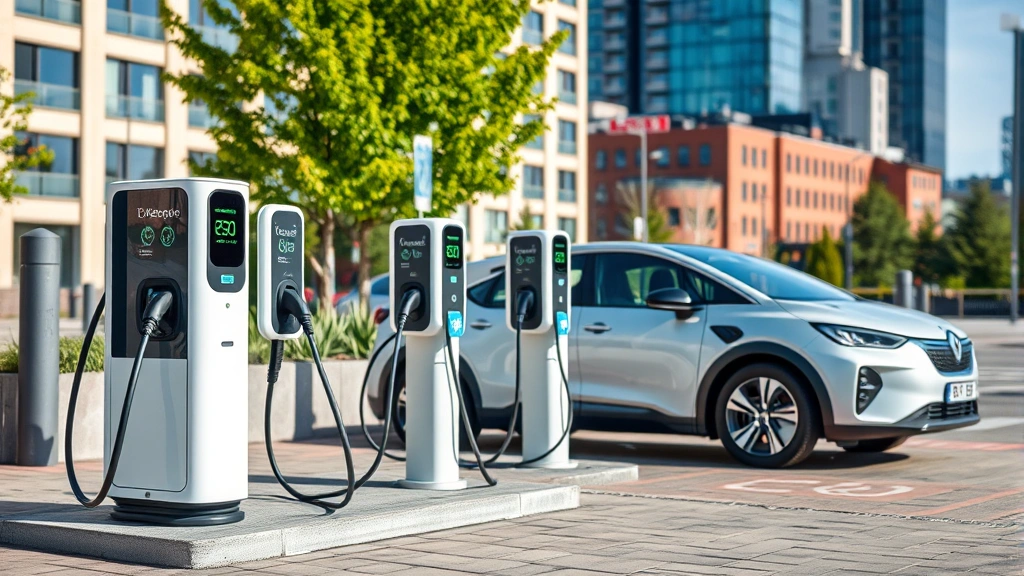 Electric vehicle charging station in urban setting with multiple charging ports, modern design, parked EV in background, city buildings and trees visible, clean contemporary infrastructure showing sustainable transportation accessibility
