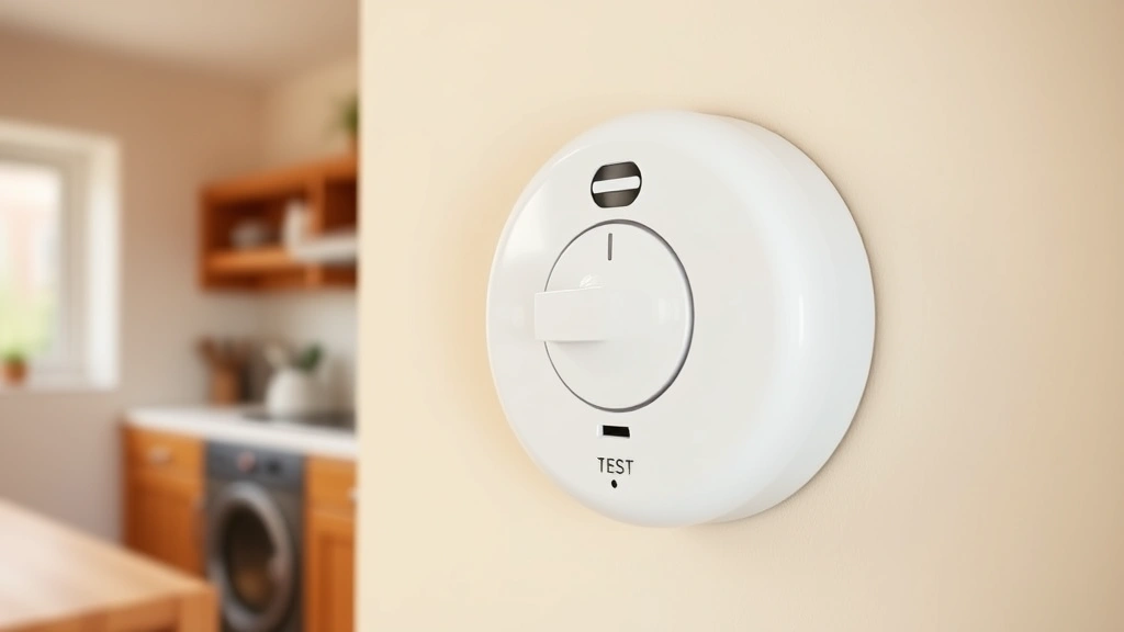 Close-up of a white circular natural gas detector mounted on a beige wall near a kitchen area, showing the test button and indicator light, photorealistic detail, eco-conscious home safety setup