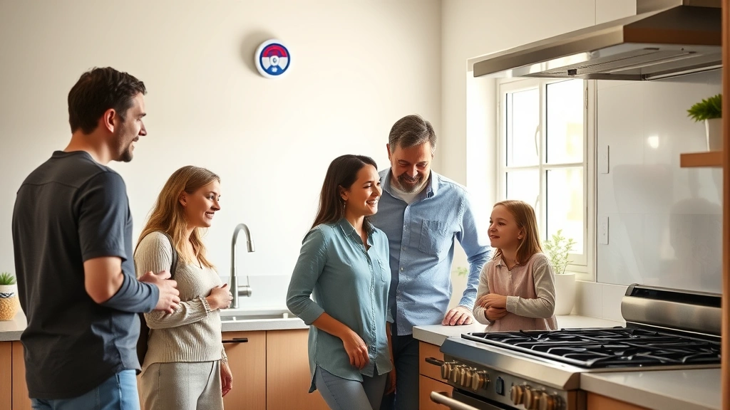Family in a modern kitchen with stainless steel gas stove, wall-mounted natural gas alarm visible above appliances, bright natural lighting through window, sustainable home safety environment