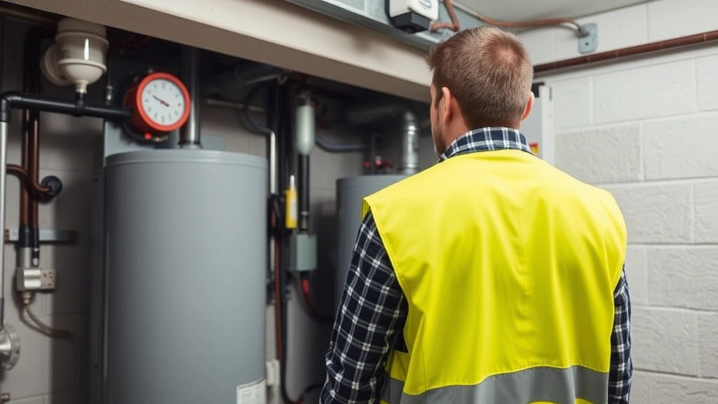 Technician in safety vest inspecting a furnace room with hardwired gas detection system mounted near water heater, professional maintenance scene, industrial-style utility space with proper safety equipment