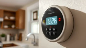 Close-up of modern natural gas detector with digital display and illuminated LED indicators mounted on residential kitchen wall, showing sensor vents and test button, daylight streaming through window