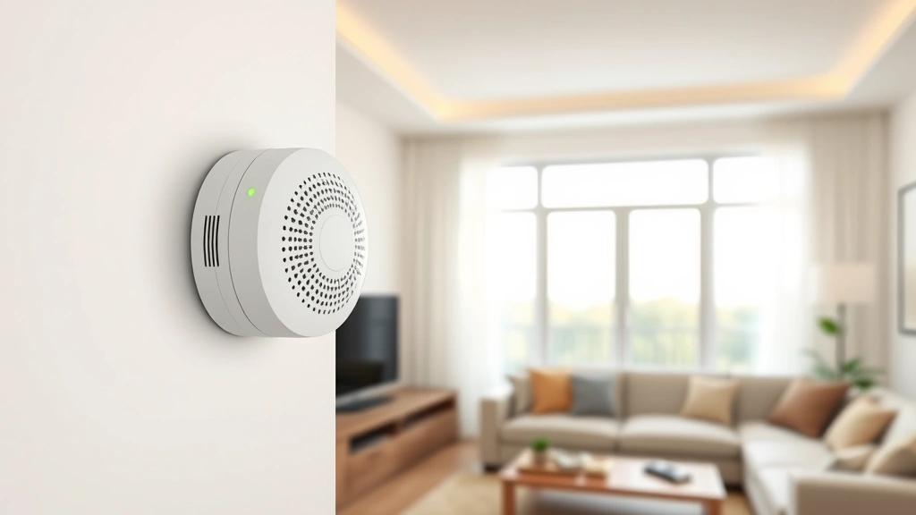 Contemporary smart natural gas detector with wireless connectivity mounted at mid-wall height in bright living room, showing green operational status light and alarm speaker design