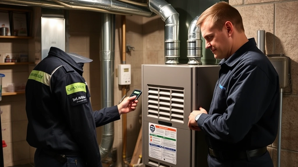 HVAC technician performing annual maintenance inspection on residential natural gas furnace system in basement utility room, checking safety connections and detector placement near equipment