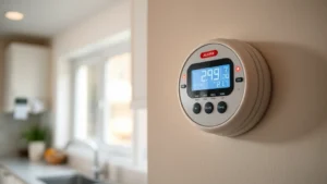 Close-up of a modern natural gas detector mounted on a light-colored wall in a residential kitchen, showing the digital display and alarm indicator lights, with soft natural lighting through a window in the background