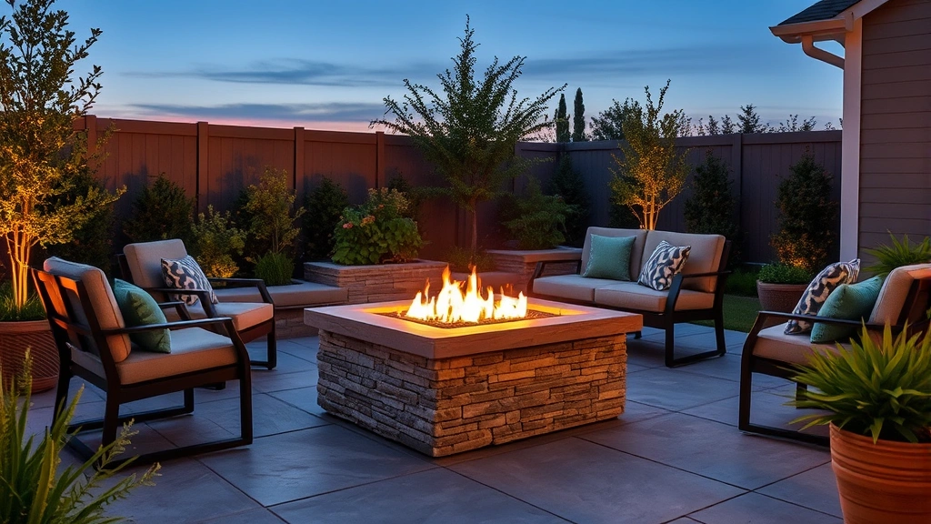 Modern natural gas fire pit on a stone patio at dusk with warm flames glowing, surrounded by eco-friendly outdoor furniture and green plants, no people visible