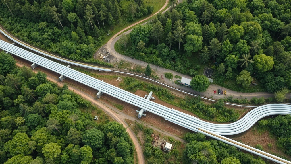 Aerial view of natural gas infrastructure pipeline network running through green landscape with trees and vegetation, showing energy distribution