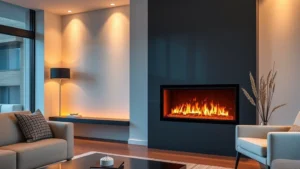 Modern living room with sleek direct vent natural gas fireplace insert, realistic flames glowing warmly, contemporary home interior, minimalist design, warm ambient lighting reflecting on walls