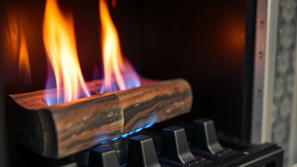 Close-up of natural gas fireplace burner system with ceramic logs, bright blue flame visible, combustion process showing, professional installation details, clean contemporary fireplace equipment
