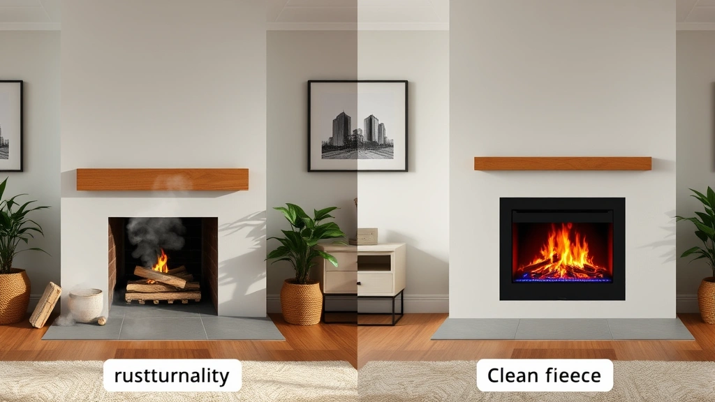Split-screen comparison showing traditional wood-burning fireplace with smoke on left side and clean electric fireplace with LED flames on right side, modern home setting, side-by-side sustainability comparison