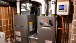 Modern high-efficiency natural gas furnace installation in basement with copper piping and digital thermostat control panel visible, showing industrial HVAC equipment in residential setting